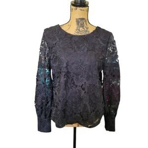 Small Halogen Black Lace Blouse, Bow Back, Long Sheer Sleeves